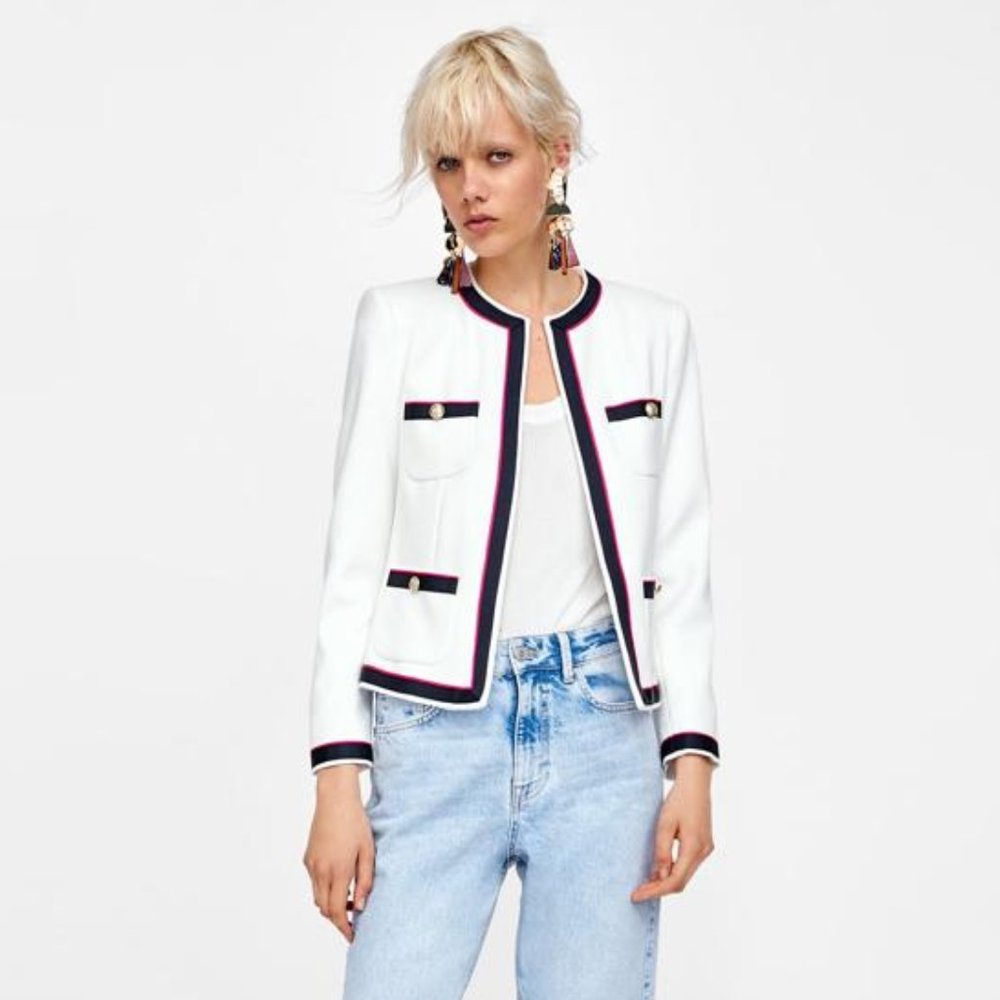 Zara | Mod Ecru Blazer Jacket with Contrasting Trim NWT